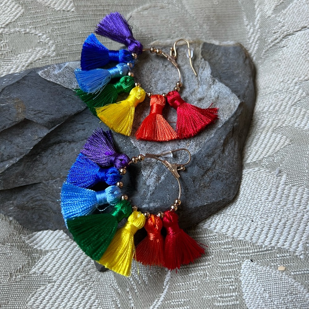 Bright Rainbow Multi Tassel Fan Earrings - Pride!